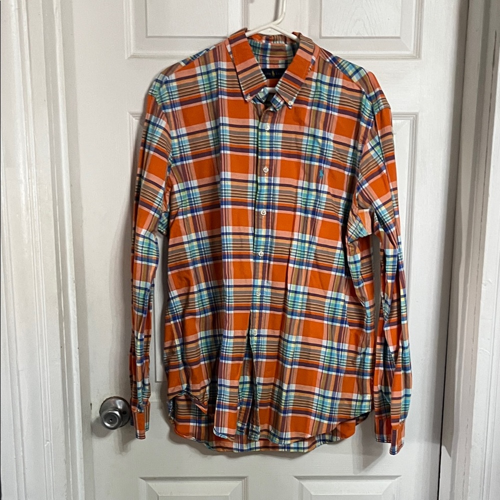 Ralph Lauren Orange and Blue Plaid Men's Shirt